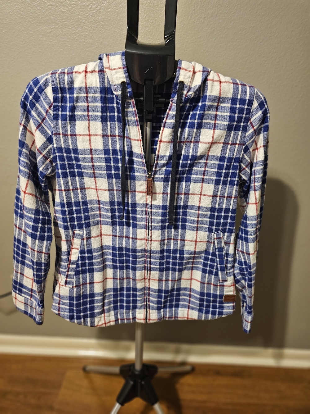 L.L.Bean Blue and White Plaid Shirt with Red Stripe